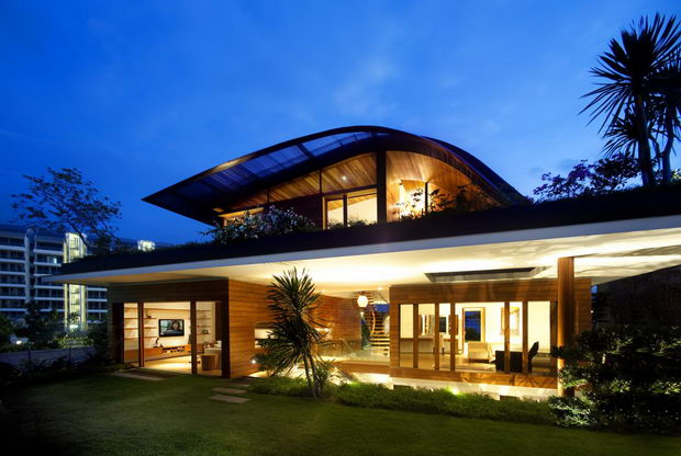night-front-view-of-contemporary-house-design-ideas-with-roof-garden
