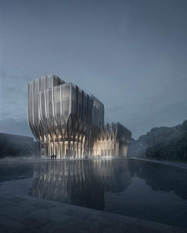 5437ed89c07a802a6900000c_zaha-hadid-designs-five-wooden-towers-to-house-cambodian-genocide-institute_sleuk_rith_institute_library_exterior___reflecting-800x1000