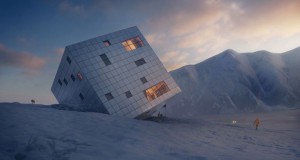Планински објект како превртена коцка завеана во снег