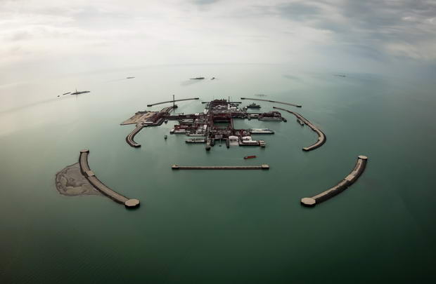 An aerial view shows artificial islands on Kashagan offshore oil field in the Caspian sea