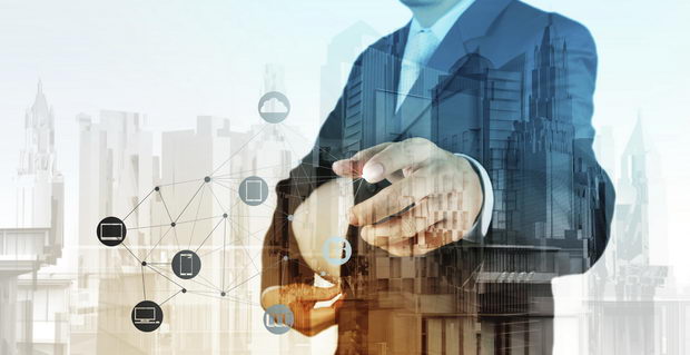 Double exposure of business engineer and abstract city as concep