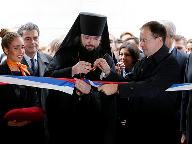 Bishop Nestor cuts the ribbon during the inauguration of the Russian Orthodox Cathedral Sainte-Trinite, with the Spiritual and Cultural centre, in Paris