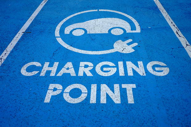 An Electric car charging point is seen at the Eurotunnel terminal in Calais, France.
