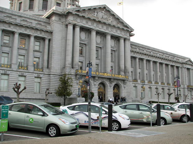 Three converted Prius Plug-In Hybrids charging at San Francisco City Hall