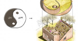 Куќа по концептот „јин и јанг“ со градина на покривот