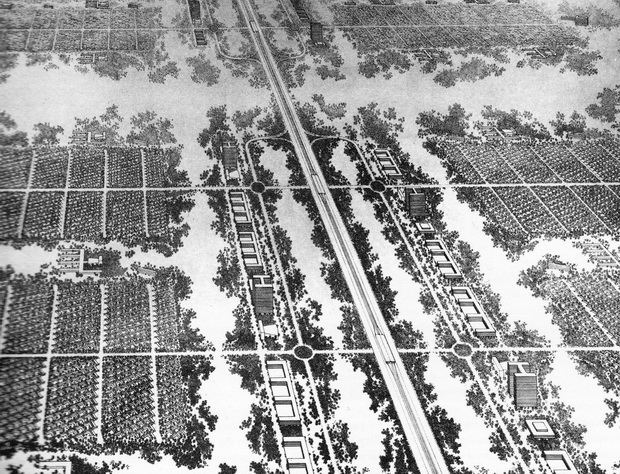 “Bird’s-eye view of commercial area and settlement unit,” 1944. [From Hilberseimer, The New City]_resize