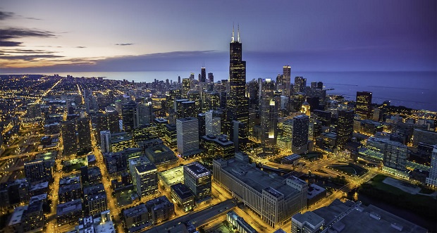 Chicago skyline aerial view at dusk