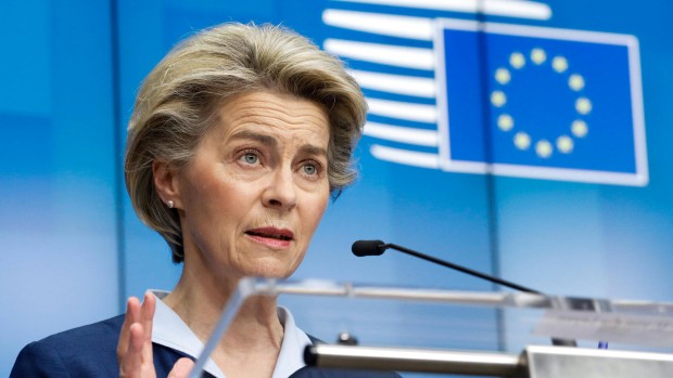 (210227) -- BRUSSELS, Feb. 27, 2021 -- European Commission President Ursula von der Leyen attends a press conference af