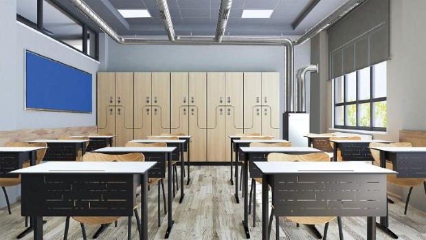 Modern classroom design with modern desk and seat realistic 3D r