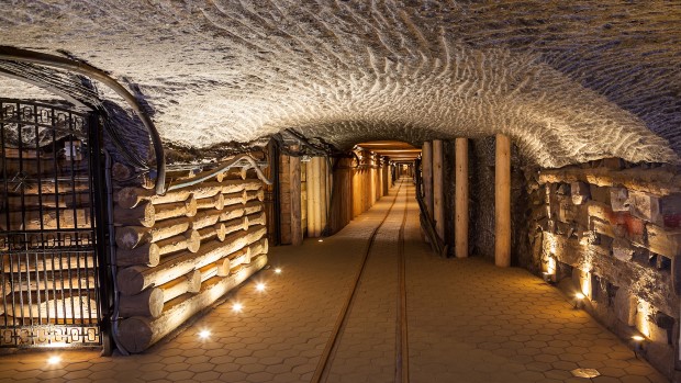 Underground corridor in the Wieliczka Salt Mine, Poland.