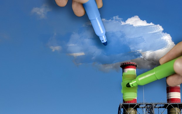 Hands,Painting,Blue,And,Green,Pollution,From,A,Chimney
