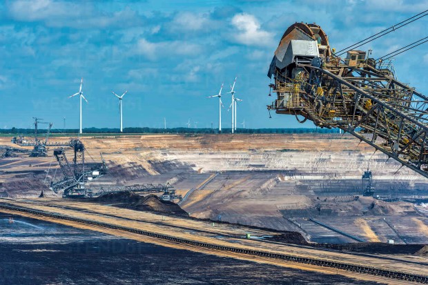 Garzweiler surface mine with wind turbines in background, North Rhine-Westphalia, Germany