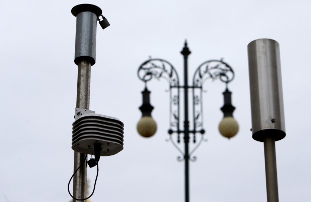 Air quality measuring devices on the top of an automatic monitoring station are seen in Prague